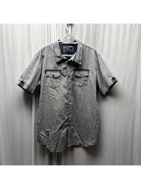 Hard Edge Mens Shirt Size XL Gray White Stripes Button Up Collared Short Sleeve